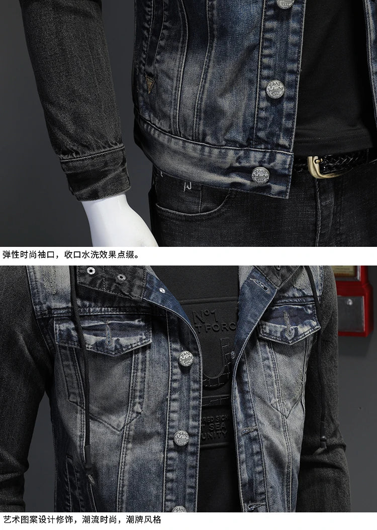 Men's Hooded Denim Jacket 2025 Fashion High-Quality All-In-One Light-Colored Embroidered Personality Large Size Casual Coat