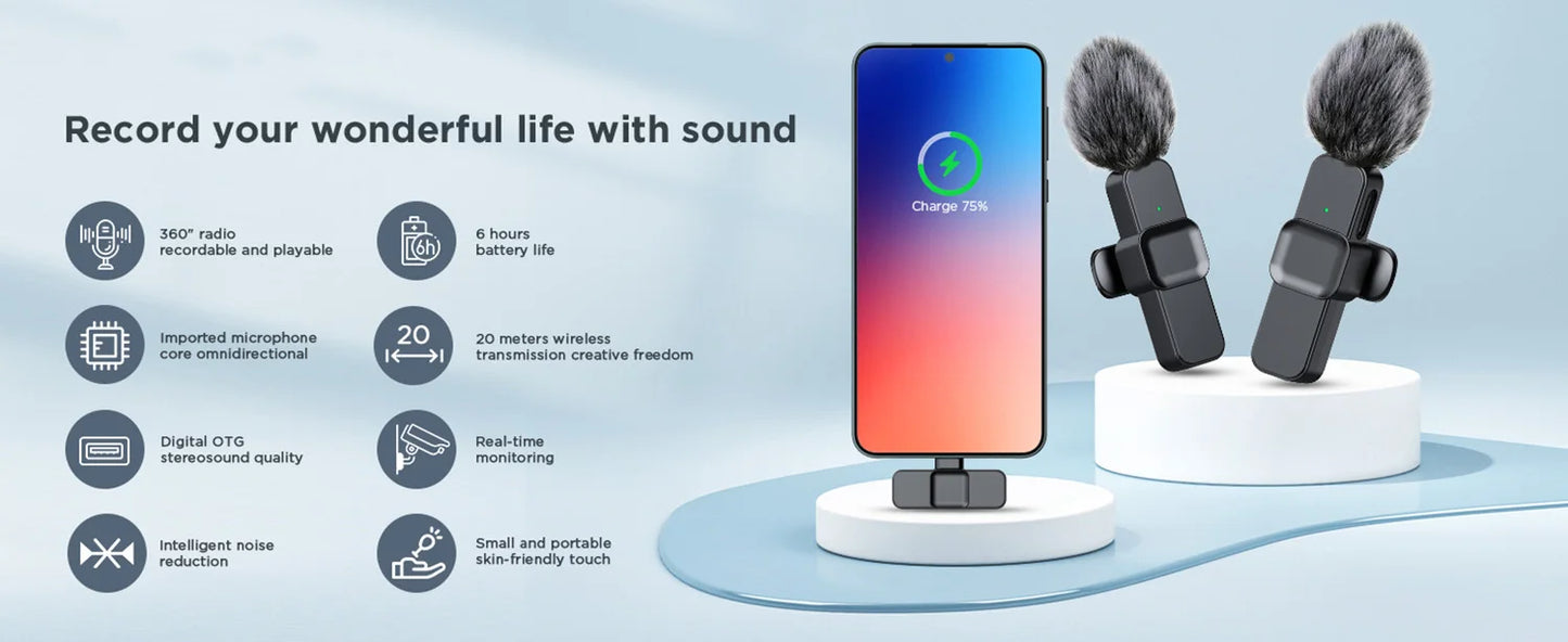 SNZIYAG K10 Wireless Lavalier Microphone Portable Audio Video Recording Mini Microphone for iPhone Android PC Live Gaming Phone