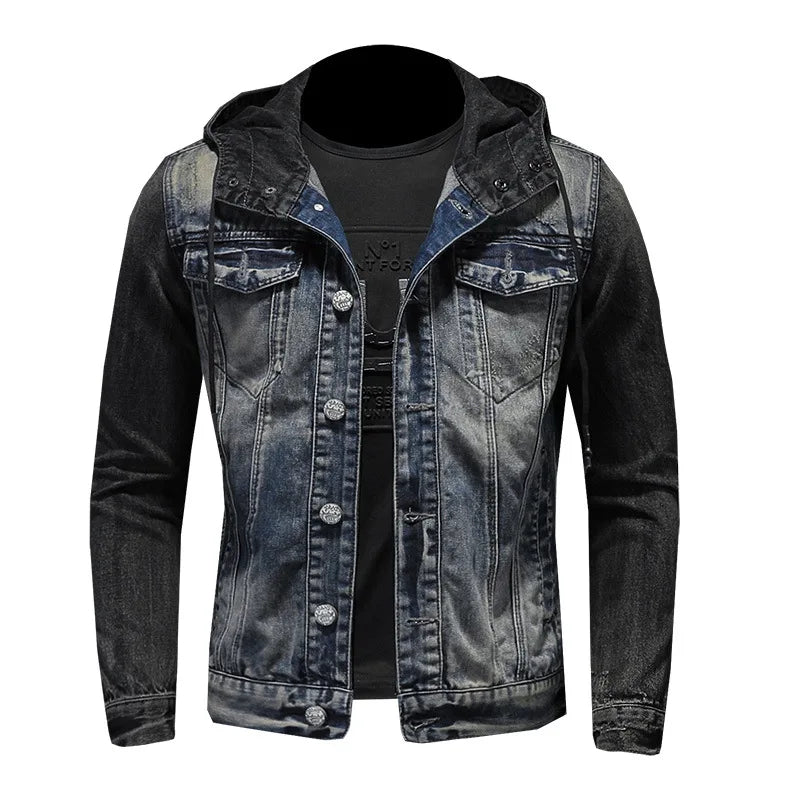 Men Spliced Hooded Washed Denim Jacket Long Sleeve Cardigan Single Breasted Outerwear Loose Coats Pockets High Street Button