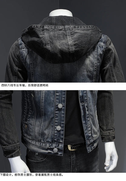 Men's Hooded Denim Jacket 2025 Fashion High-Quality All-In-One Light-Colored Embroidered Personality Large Size Casual Coat