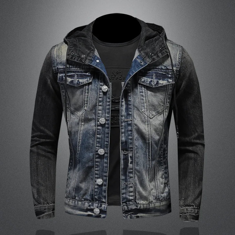 Men Spliced Hooded Washed Denim Jacket Long Sleeve Cardigan Single Breasted Outerwear Loose Coats Pockets High Street Button