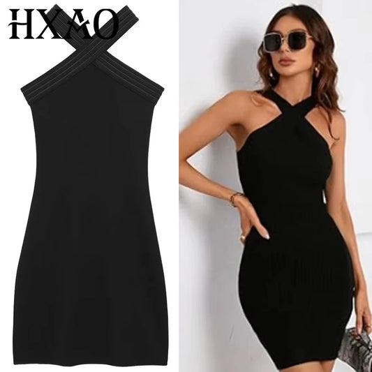 HXAO Halter Black Dress Women's Dresses Summer Sexy Bodycon Backless Short Dresses Woman Sleeveless Corset Elastic Vestidos 066