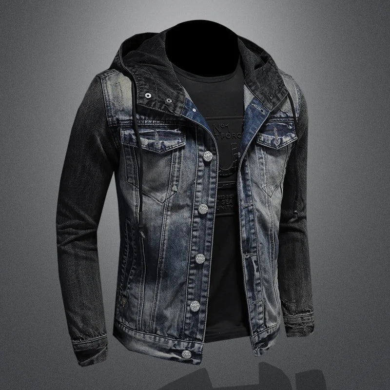 Men Spliced Hooded Washed Denim Jacket Long Sleeve Cardigan Single Breasted Outerwear Loose Coats Pockets High Street Button