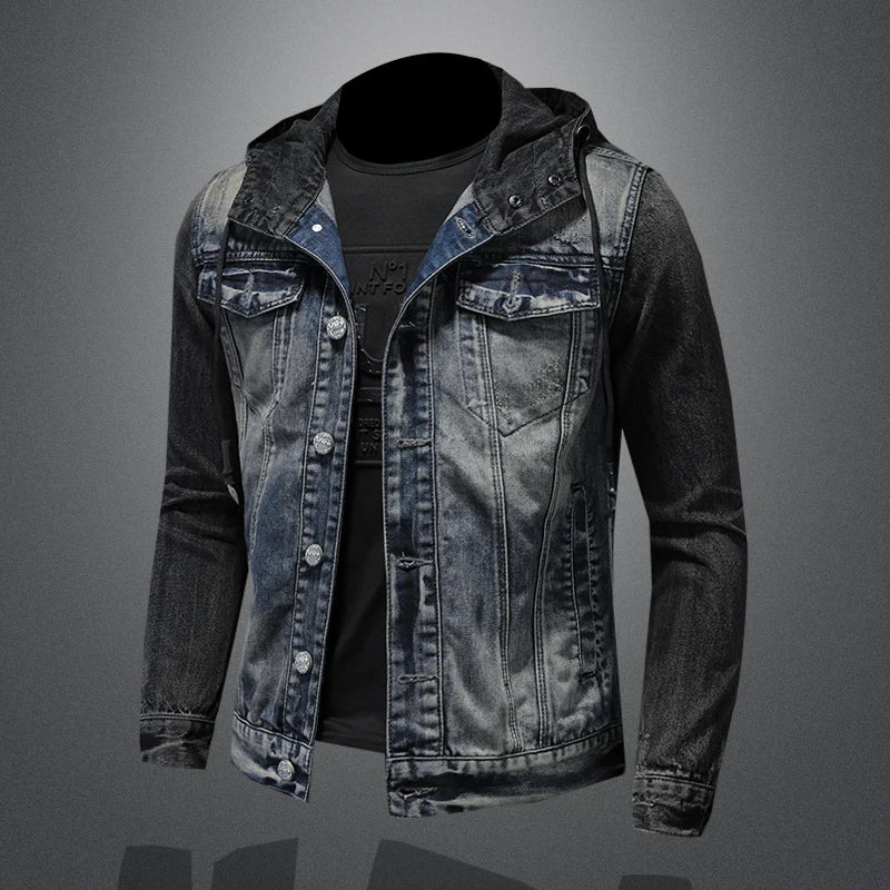 Men's Hooded Denim Jacket 2025 Fashion High-Quality All-In-One Light-Colored Embroidered Personality Large Size Casual Coat