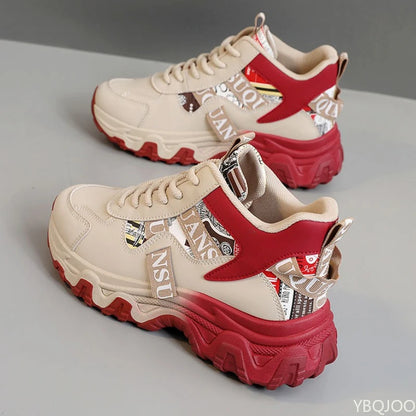Spring and Autumn Fashion New Thick Soled Height Increasing Women's Sports Shoes Color Blocked Trendy Breathable Casual Shoes