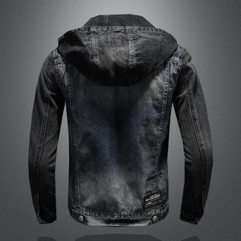 Men Spliced Hooded Washed Denim Jacket Long Sleeve Cardigan Single Breasted Outerwear Loose Coats Pockets High Street Button