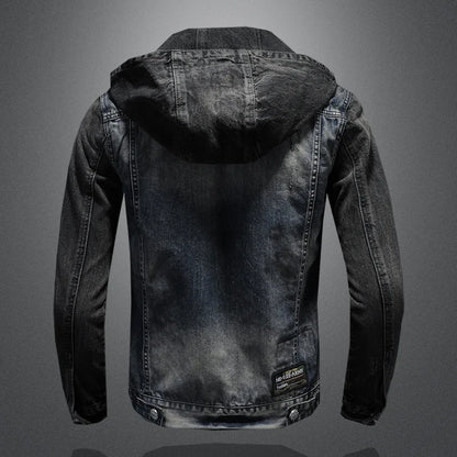 Men Spliced Hooded Washed Denim Jacket Long Sleeve Cardigan Single Breasted Outerwear Loose Coats Pockets High Street Button