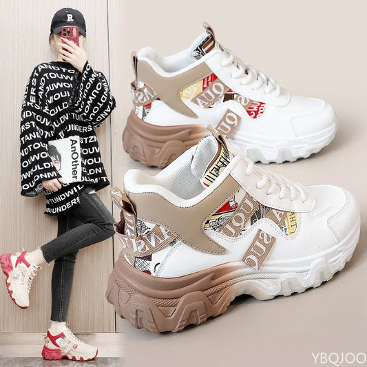 Spring and Autumn Fashion New Thick Soled Height Increasing Women's Sports Shoes Color Blocked Trendy Breathable Casual Shoes