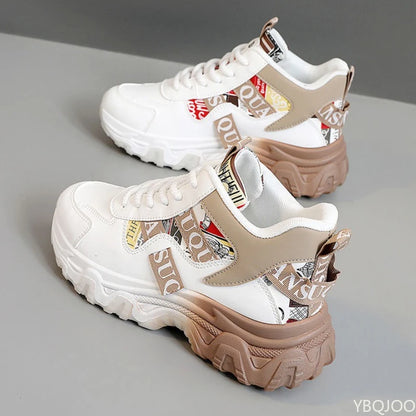 Spring and Autumn Fashion New Thick Soled Height Increasing Women's Sports Shoes Color Blocked Trendy Breathable Casual Shoes