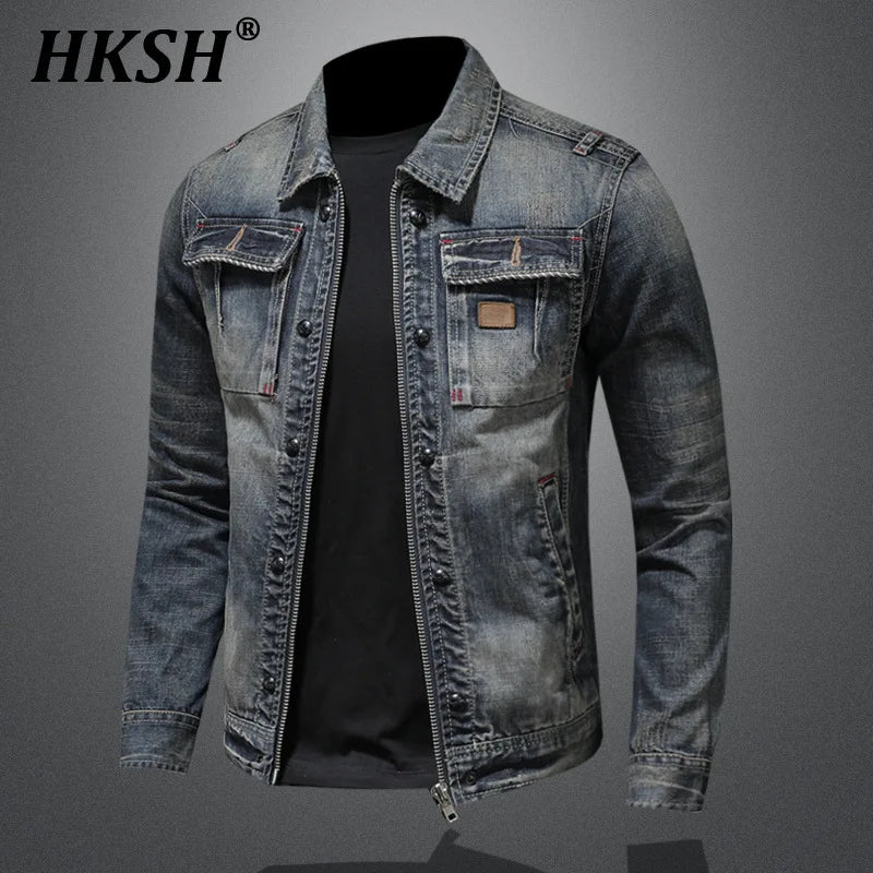 HKSH 2025 Spring Autumn New Man Tide Motorcycle Fashion Denim Jacket Trend Korean Slim Safari Style Casual Handsome Coats HK4817