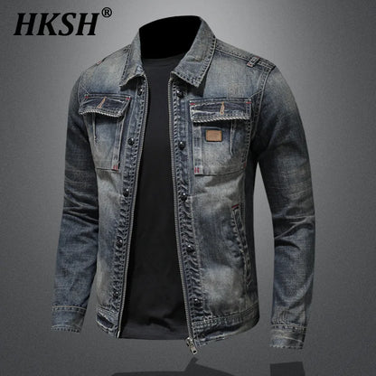 HKSH 2025 Spring Autumn New Man Tide Motorcycle Fashion Denim Jacket Trend Korean Slim Safari Style Casual Handsome Coats HK4817