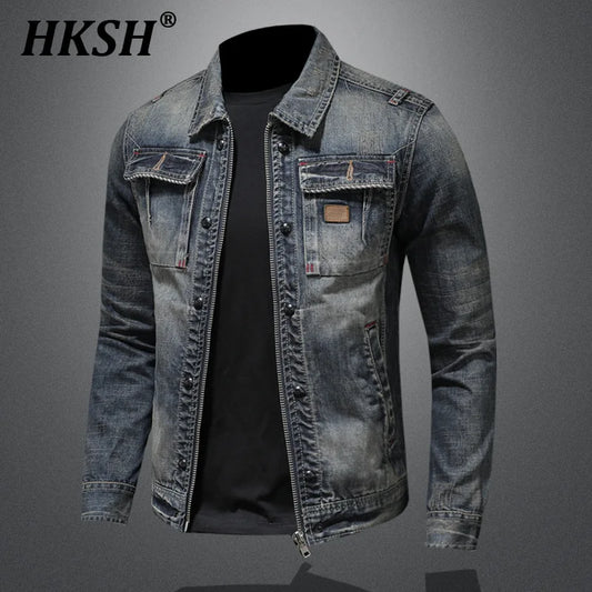 HKSH 2025 Spring Autumn New Man Tide Motorcycle Fashion Denim Jacket Trend Korean Slim Safari Style Casual Handsome Coats HK4817